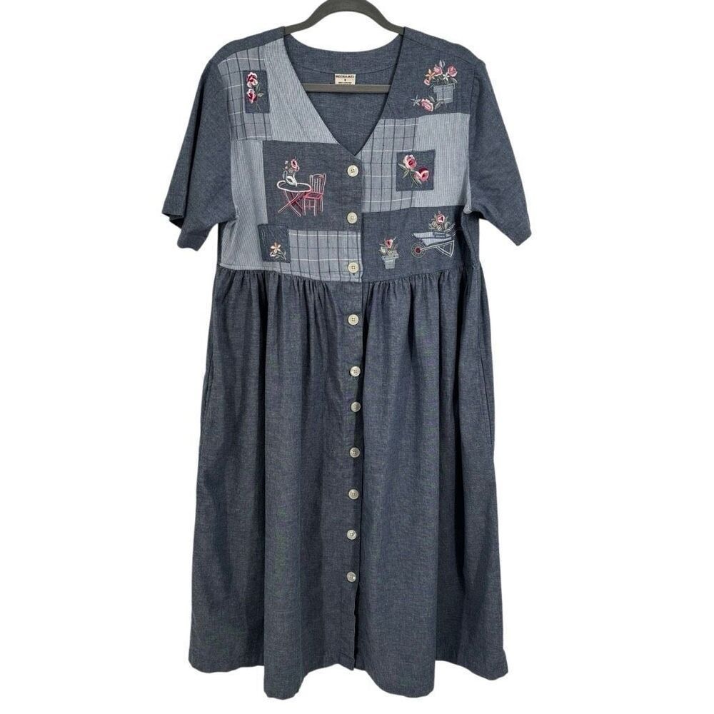 Bechamel Vintage Embroidered Button Front‎ Chambray Dress Blue Size Small